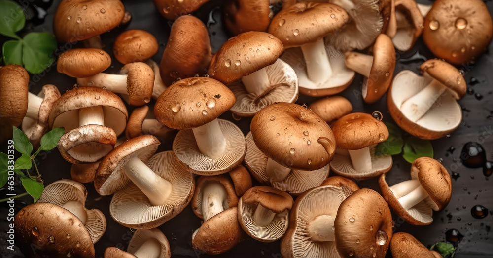 Fresh mushrooms with water drops on nature background, Top view. Fresh mushrooms with water drops on nature background, Top view.