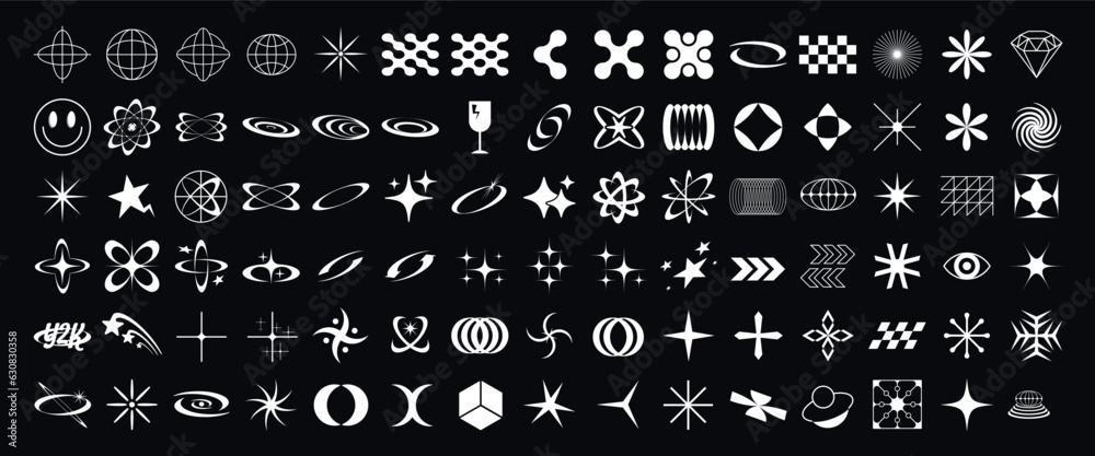 Retro Y2K futuristic elements vector graphic assets set. Bold modern shapes object in y2k style.