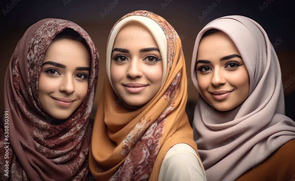 Beautiful woman, Portrait three beautiful young middle eastern women wearing a hijab.