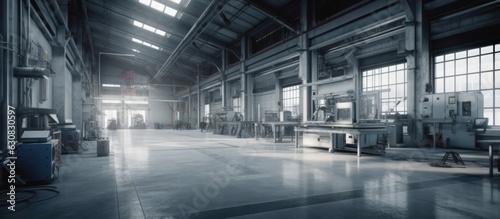 Interior of Factory, Factory Shop, Workshop. Modern Industrial Enterprise. Factory production line, Modern machines and equipment. Large Manufacturing Room Background