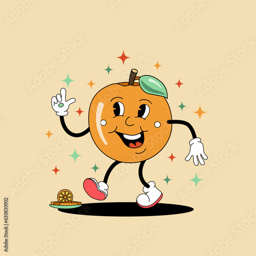Comic flat Orange with face on decorated background. Vector cartoon illustration in groovy retro style with drink. Square image of cute orange citrus character with smile for advertising or poster