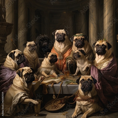 Many dogs, pugs, group on raven renaissance.AI generated image photo