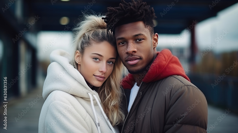 Interracial young couple looking at camera