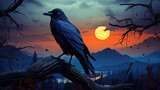 Enigmatic Black Raven: Illustration in a Dark Forest
