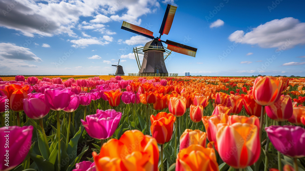Windmill and Tulips Creating a Picturesque Landscape