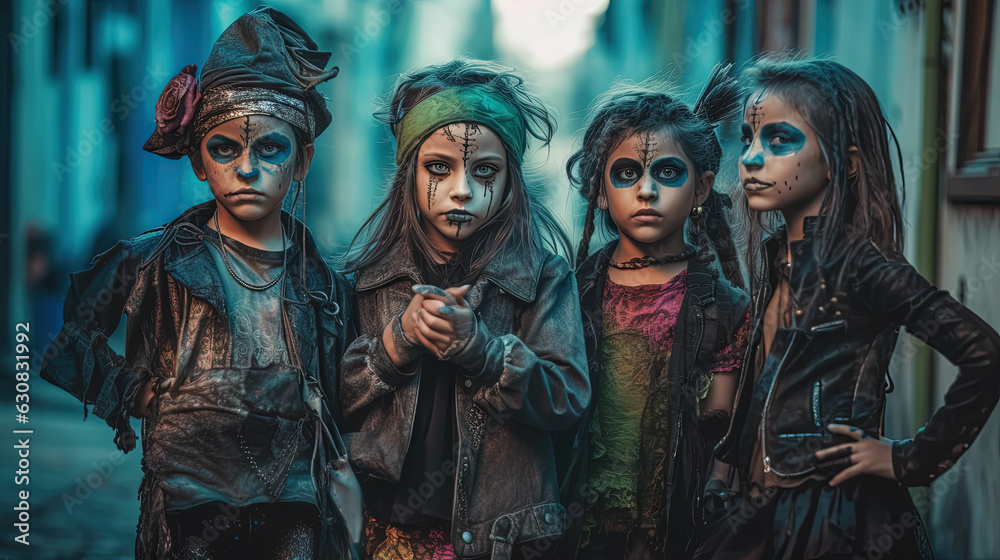 Little girls whith spooky Halloween makeup. Creepy and scary autumn holiday costumes on children for Halloween celebration. Generative AI.