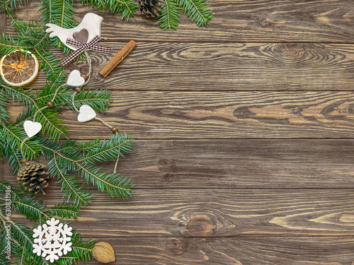 Christmas decoration on rustic wooden background