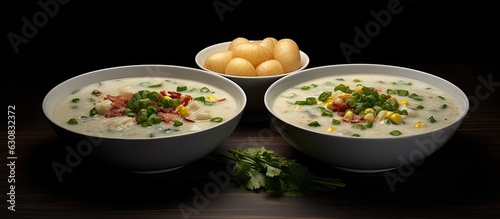 Two bowls of chowder, containing potatoes, bacon, ham, sweetcorn, fresh chopped parsley, and black pepper. Additional parsley is placed on a small plate beside the bowls. some empty space available
