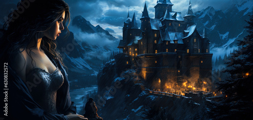 Moonlit Haunting: Illustration of a Spooky Castle in the Night