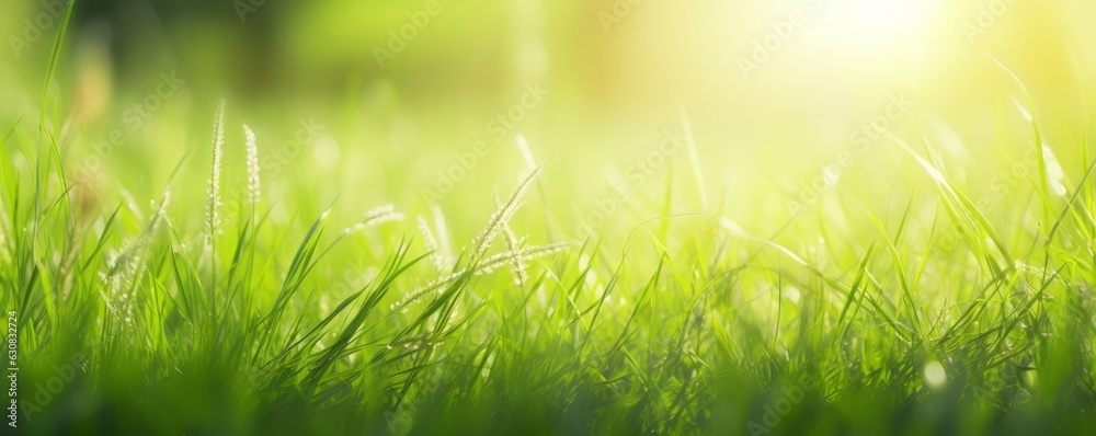 Natural background with young juicy green grass in sunlight with beautiful bokeh. Summer spring panorama banner, Generative AI