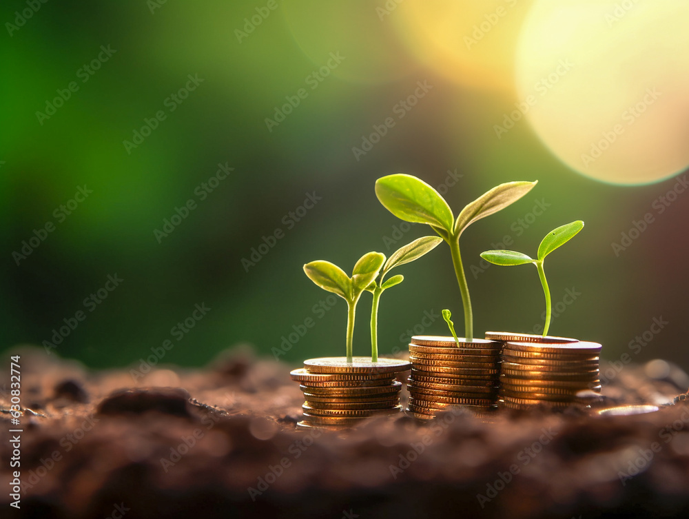 Green plant sprouts on stacks of coins lying on the ground soil, a concept of start-up Green plant sprouts on stacks of coins lying on the ground soil, a concept of start-up