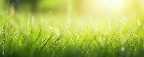 Natural background with young juicy green grass in sunlight with beautiful bokeh. Summer spring panorama banner  Generative AI