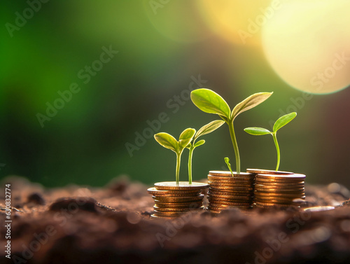 Green plant sprouts on stacks of coins lying on the ground soil  a concept of start-up