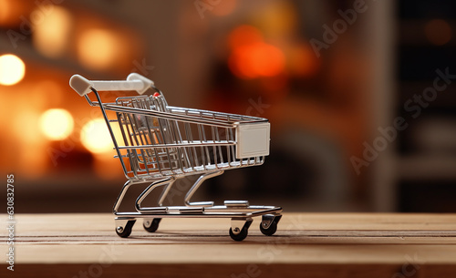 A small grocery basket on a table against a backdrop of lights. Online shopping concept.