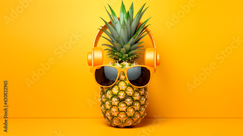 Fashion pineapple with sunglasses and headphones on a yellow color background. Summer vibe and party concept.