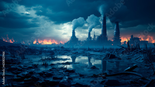 Devastating futuristic post apocalyptic industrial landscape