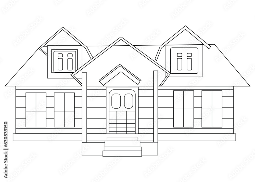 House Vector, House Coloring Pages for Kids. Coloring book for children and adults. Black and white illustration of a house. Contour figure of the cottage.
