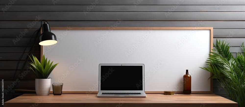 Fototapeta premium A trendy office setting with a laptop. Empty screen area for personalized designs.