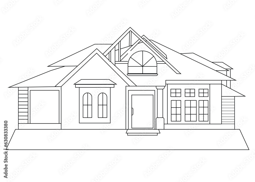 House Vector, House Coloring Pages for Kids. Coloring book for children and adults. Black and white illustration of a house. Contour figure of the cottage.