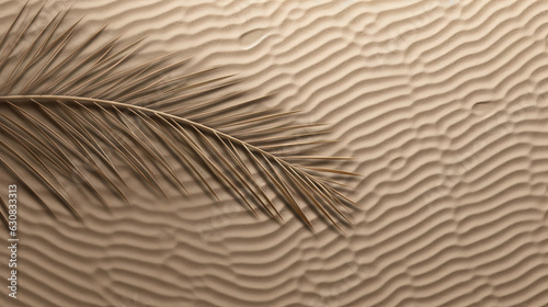 Plam leaf on the tropical beach sand. Vacation and relaxation concept with dry palm leaf on the hot summer beach.