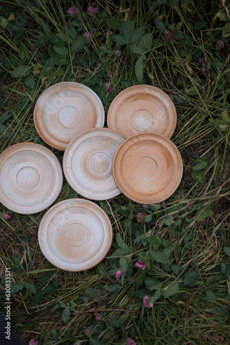 Lot d’assiettes anciennes en grès posées dans l’herbe