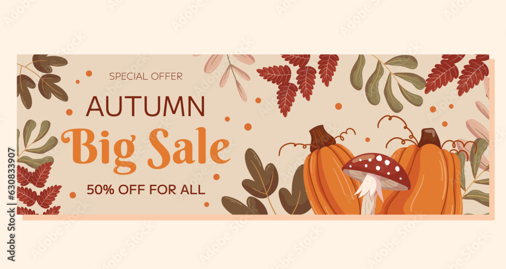 Autumn Big Sale horizontal banner template design with copy space. Frame with different leaves branches, pumpkins and mushroom fly agaric. Marketing banner with a special offer.