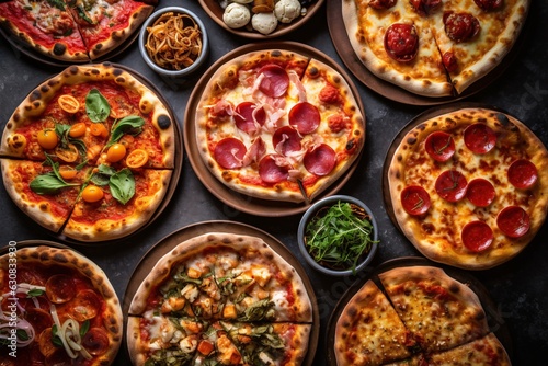 Gourmet pizza selection. Different types of pizzas on a wooden background. Italian cuisine. Variety of pizzas on a wooden board. Top view.