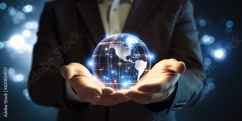 Hand holding global virtual internet world connection of metaverse technology network digital communication and worldwide networking on connect background, Business world concept, generative ai