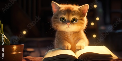 A cute cat with a book. Cute funny pet. The concept of home comfort, relaxation, reading, generative ai
