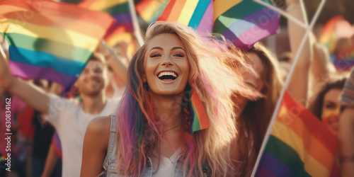  Young activist woman smiling and holding rainbow flag symbol of Lgbtq social movement. Women enjoying during march on street for lgbt rights. Diversity and gender identity concept, generative ai