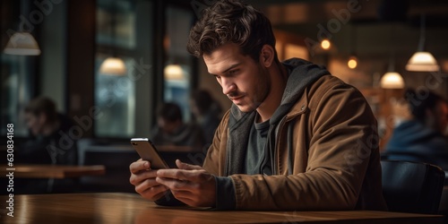 Handsome male using smartphone at modern coffee shop, he chatting Online Messaging on mobile, generative ai photo