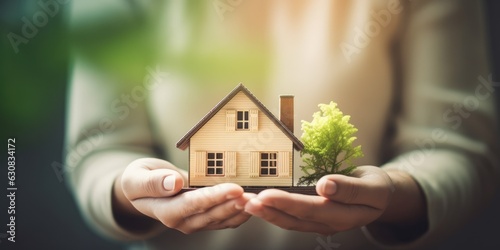 Closeup of hands holding house, architecture, building, construction, real estate and property concept, generative ai
