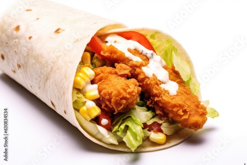 crispy chicken strips tortilla wrap with corn, mayonnaise, lettuce, tomato, and white background