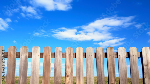 top half of a frontal wooden fence against blue sky. AI generated.