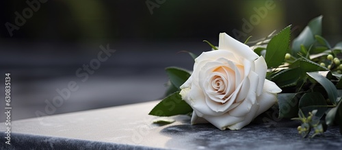 Obraz na płótnie A funeral ceremony outdoors with a white rose on a grey granite tombstone, providing space for text. w salonie