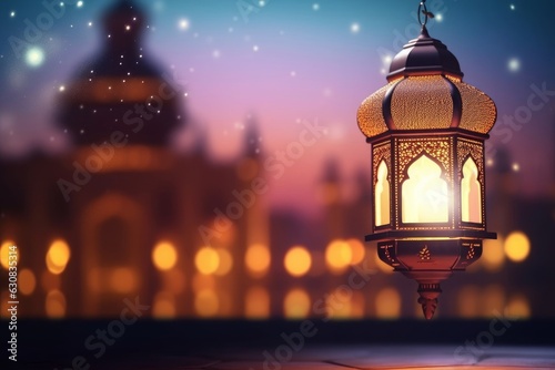 Original traditional ornate oriental lantern with beautiful bokeh of holiday lights and mosque in background. AI generated, Generative AI 