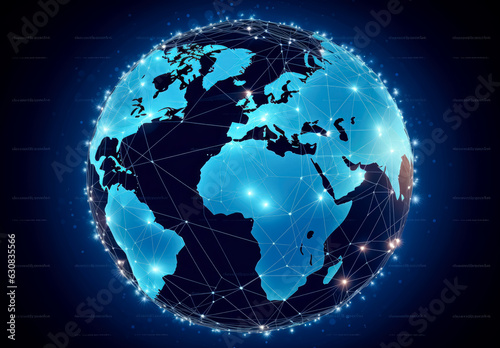 Earth globe globe with network on dark blue background illustration, world map with connections and lines.