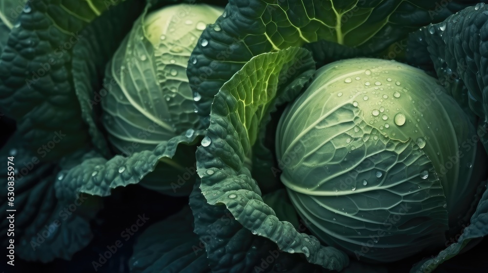 Obraz premium Beautiful cabbage head with dew droplets on the green fresh leaves in an organic farm.