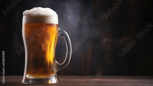 Cold mug with beer with overflowing foam on wooden table.
