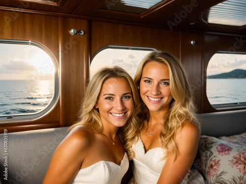 Digital photo of a beautiful smiling blonde couple of traveling and take selfies on the luxury yacht at sunny day. Wildlife imagery, the concept of ecological environment © mikhailberkut