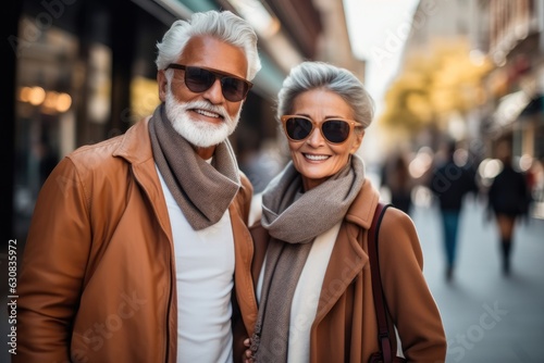 Senior couple wearing stylish sunglasses in city street, Vacation, Holiday travel.