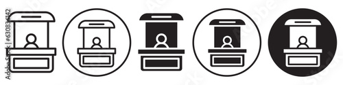 Sales booth symbol Icon. Web app ui sign logo of promotional street store vendor in market. Vector set collection of seller event promo kiosk display counter stall. Flat outline reception banner table