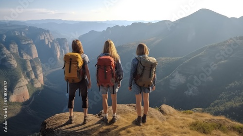Rear view of Hikers with backpacks enjoying beautiful landscape on the mountains.