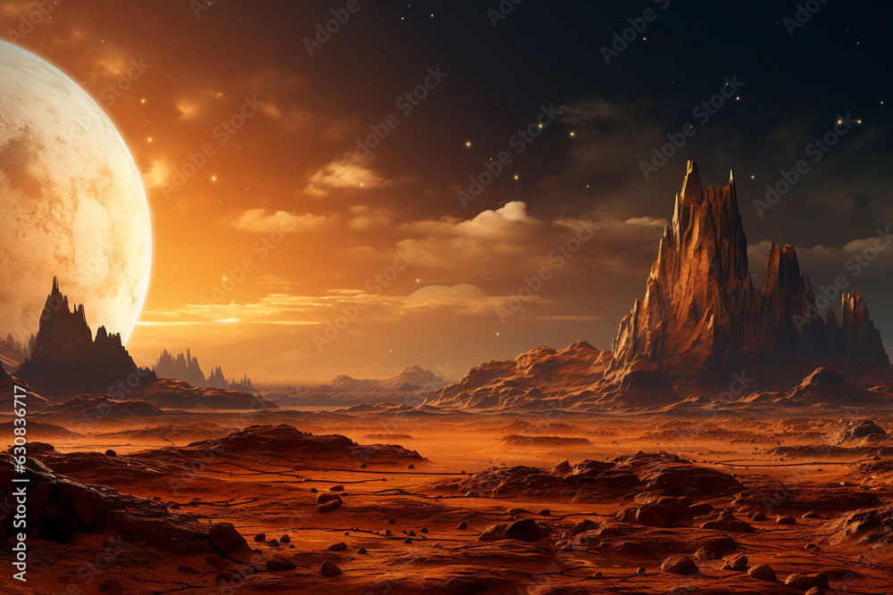 Fantasy landscape of alien planet with rocks, stars and moons. Generative AI