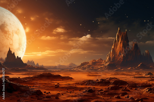 Fantasy landscape of alien planet with rocks, stars and moons. Generative AI