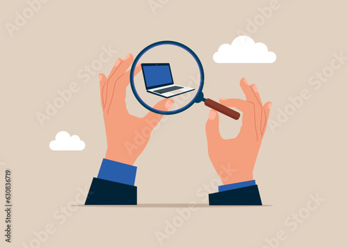 Uses a magnifying glass to view the computer. Business analysis or market analysis. Flat vector illustration