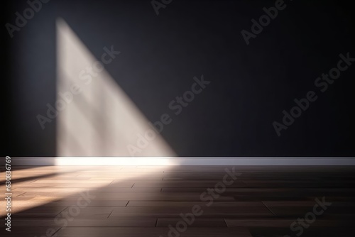 Empty light dark wall with beautiful chiaroscuro and wooden floor. Minimalist background for product presentation, mock up, Generative AI