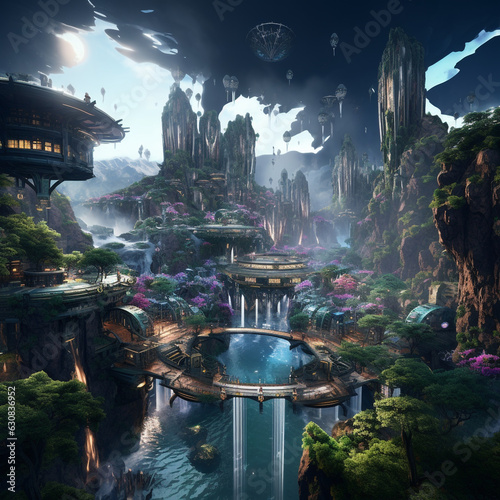 a futuristic city with a waterfall and a waterfall