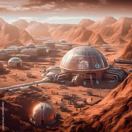 Photo Mars colony with bases and futuristic systems, represents space travel and the colonization of The Red Planet, generative ai