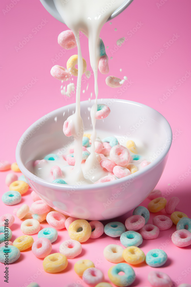 Crunchy breakfast cereal sprinkled with milk in motion. Milk is poured into a group of Crispy Crunchy Breakfast cereal rings in different pastel colors. 3d render illustration style. Crunchy breakfast cereal sprinkled with milk in motion. Milk is poured into a group of Crispy Crunchy Breakfast cereal rings in different pastel colors. 3d render illustration style.